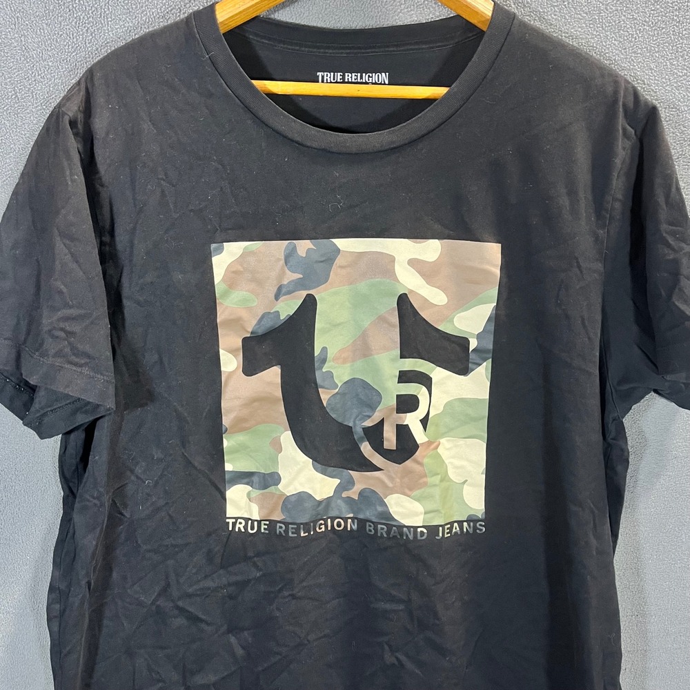 True Religion Mens Black Camo Horseshoe Box Logo T-Shirt XL Short Sleeve